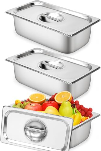 HFZCV Panierschalen Set 3-teilig, GN 1/3 Edelstahlbehälter mit Deckel, 32,5 x 17,5 x 10 cm, Gastronormbehälter für Schnitzel Fleisch Fisch, rechteckige Edelstahl Schalen