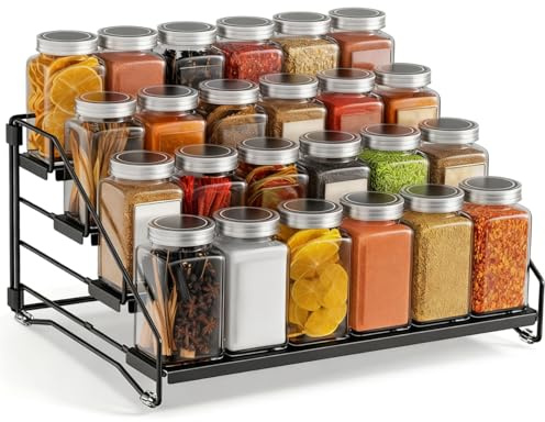 JSUOEO 4 Etagen Gewürzregal Stehend, Einstellbar Metall Gewürzständer Ohne Bohren Spice Rack Organizer Schwarz Gewürzregale für Küche Schrank Bad Arbeitsplatte (2/3/4 Ebenen)