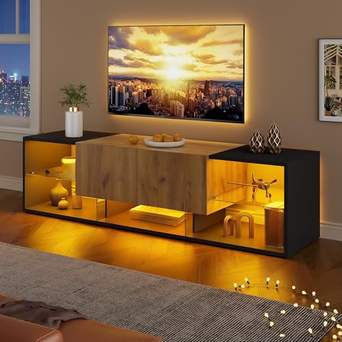 Gxffipw TV Schrank Lowboard Länge 160 cm für Fernseher bis zu 60 Zoll, Fernsehschrank TV Board mit LED Licht und Schubladen, Wohnzimmerschrank mit Glasplattform, Wohnzimmer Möbel, Schwarz+Holzfarbe