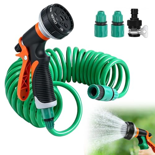 Hojalis Spiralschlauch Wasser 10M, Flexibler Gartenschlauch, Spiralschlauch Komplett Set mit 8 Funktionen Spritzdüse, Wasserschlauch Dehnbar Flexibler Gartenschlauch für Gartenbewässerung, Autowäsche