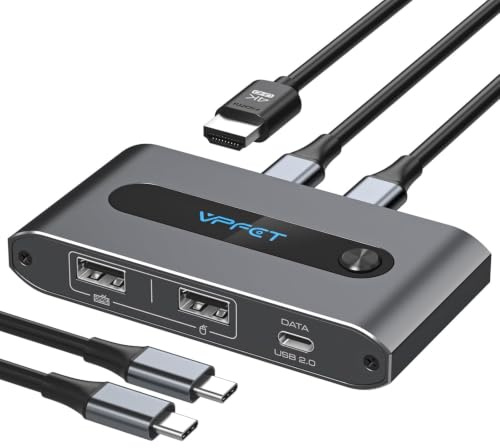 VPFET USB C KVM Switch 2 PC 1 Monitor HDMI 4 K 60 Hz KVM-Switches für zwei Laptops und Macbook 100W PD Zur Gemeinsamen Nutzung Von 1 Set Tastatur, Maus und Einem Einzelnen Monitor (grau)