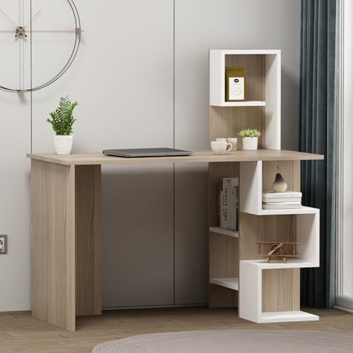 HOMIDEA DERONI Scrivania - Scrivania per computer - Scrivania ufficio - Porta PC - Tavolo per Computer con Scaffale Ripiano (Avola/Bianco)