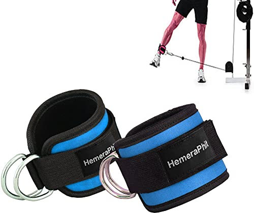 Double D-ring Ankle Cuff Straps Adjustable Leg Weight Wrist Belt for Cable Machine Attachment, 1Pair (Blue)