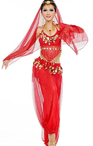 Astage Damen Bauchtanz Kostüme Set Indischer Tanz Darbietungen Kleidung, Rot, Fits DE 32-40