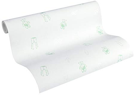 A.S. Création PVC-freie Vliestapete Little Stars Tapete mit niedlichen Baby Motiven 10,05 m x 0,53 m grün metallic weiß Made in Germany 358451 35845-1
