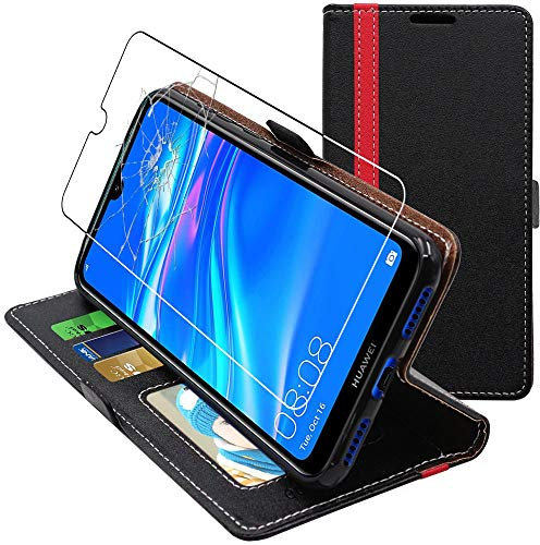 ebestStar - Hülle für Huawei Y7 2019 Y7 Prime/Pro, Handyhülle, Kunstleder Wallet Case, [PU Leder], Kartenfächer, Schwarz/Rot + Panzer Schutz Glas