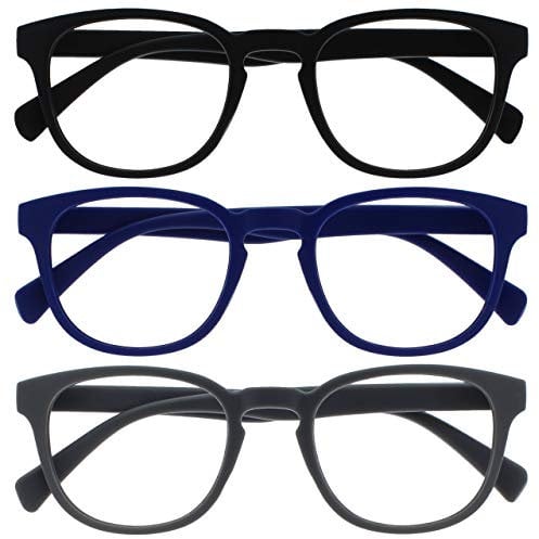 OPULIZE POP Reading Glasses for Women Men,Scratch Resistant Round Matt Frame with Spring Hinges, Black, Blue, Grey +2.00 (Pack of 3)
