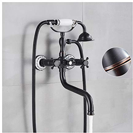 SHUGUANG Robinet de Baignoire avec Douche à Main et Bec Long Rétro en Laiton 2 Poignées Robinets de Douche Montage Mural Mitigeur Baignoire pour Salle de Bain,Black Bronze a