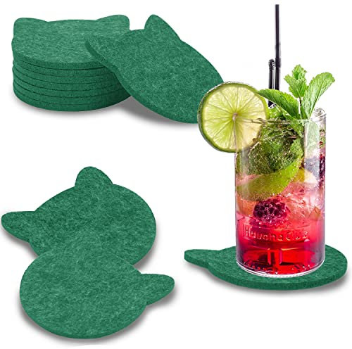 wortek Filz Untersetzer Gläser Dunkelgrün in Katzenform – 8er Set Glasuntersetzer für Getränke, Tassen, Bar, Glas - Ø 10cm Tischuntersetzer waschbare Filzuntersetzer Gläser Glas Untersetzer-Set