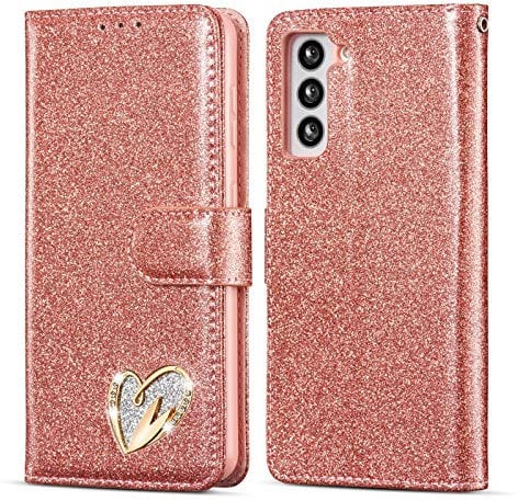 QLTYPRI Case for Samsung Galaxy S21 5G, Glitter Leather Wallet Case TPU Bumper Card Holder Kickstand Wrist Strap Inlaid Loving Heart Diamond Design Flip Cover for Galaxy S21 - Rose Gold