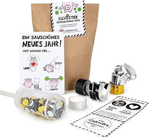 TRENDHAUS 956033 Wundertüte Silvester, Deko-Geschenktüte als Überraschung, Party-Geschenk und Mitbringsel für Neujahr, Konfetti-Kanone, Luftschlangen, Glücks-Teelicht