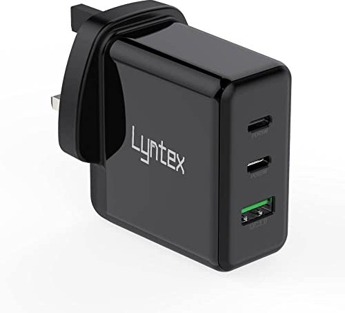 Lyntex [GaN Tech] 65W USB C Charger Laptop Type C Power Adapter for Macbook Matebook Laptop Ipad Iphone Tablets Smartphone PD Fast Charge 3 Ports (Black)