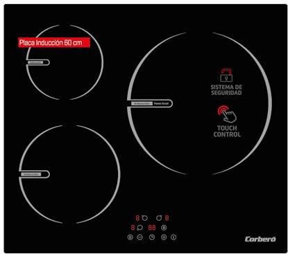 Corbero CCIBR7203 Placas de Inducción de 60 CMS 3 Zonas, Potencia 6200 W, Control Touch Control, 1 Boosters, Zona Grande 30 cms, Temporizador 99 Minutos, Bloqueo de seguridad para niños