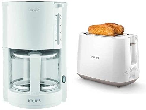 Krups F30901 Filterkaffeemaschine ProAroma | Glaskanne | Warmhaltefunktion | 10 Tassen | 1.050 W | Weiß & Philips HD2581/00 Toaster, integrierter Brötchenaufsatz, 8 Bräunungsstufen, weiß