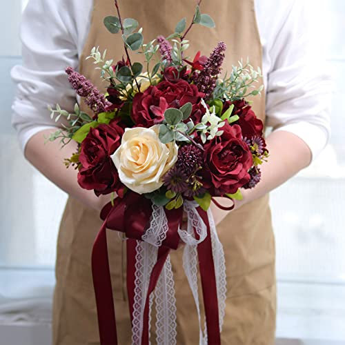 BELUAPI Bouquet da sposa romantico fatto a mano vintage a cascata, bouquet di rose in seta artificiale, ortensie da sposa e damigella d'onore, bouquet di fiori finti per centrotavola da tavolo, rosso