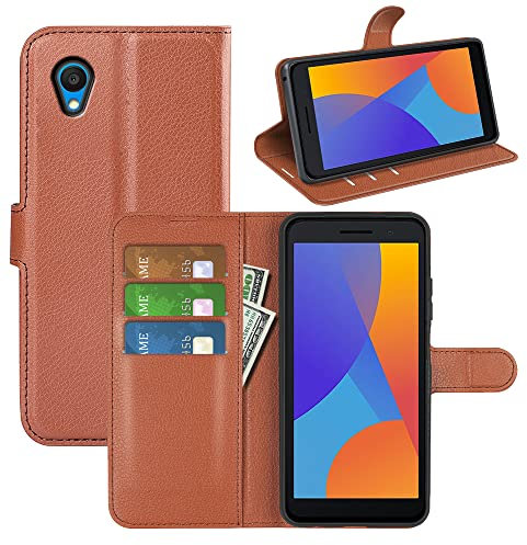 Fertuo Funda para Alcatel 1 2021, Carcasa Libro con Tapa de Cuero Piel Wallet Case Flip Cover con Kickstand, Hebilla Magnetica, Ranuras para Tarjetas para Alcatel 1 2021, Marrón