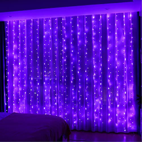 HXWEIYE Guirlande Lumineuse Violet, Rideau Lumineux 300 LED 3m*3m,8 Modes d'Eclairage USB Télécommande Guirlande Lumineuse avec Minuterie pour Salle, Fenêtre, Mariage, Fête, Noël