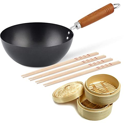 Ken Hom kleiner Antihaft Mini Karbonstahl Wok 20 cm mit Holzgriff - Set inkl. Dampfkorb Ø 20 cm & 8 Stäbchen - Wokpfanne ohne Induktion