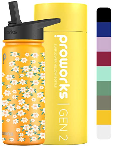 PROWORKS Gen 2 Bouteille d'eau Isotherme avec Paille 540 ML Bouteille d'eau Isotherme 24 Heures Froid 12 Heures Boissons Chaudes Acier Inoxydable Gym - Tournesol Jaune Petites Fleurs