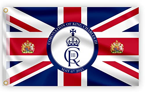 SHATCHI Große Union Jack-Flagge, 152 x 91 cm, New King Charles III Cypher British Monarch Souvereign Krönung, Feier, Britannien-Flagge, Garten, Straße, Kneipe, Outdoor-Dekorationen