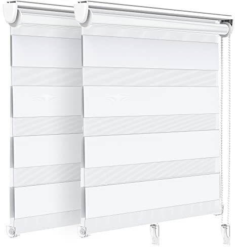 VOUNOT® Set di 2 Tenda a Rullo Doppia Strato Oscurante Giorno e Notte, Catenella Laterale, Bande Trasparenti e Opache, Tenda Interno Zebra Blinds Bianco, 90 x 150 cm