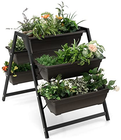 TANGZON Raised Garden Bed, 3-Tier Vertical Flower Vegetable Herb Planter with 5 Removable Beds & Drain Holes, Indoor Outdoor A-Shape Elevated Ladder Growing Box Kit for Balcony Yard, 65 x 92 x 79cm