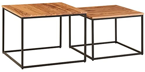 möbelando Wohnzimmertisch 2er Set Akazie Massivholz/Metall Beistelltisch Eckig | Design Couchtisch mit Metallbeine Sofatisch | Tischset 2-teilig Satztisch