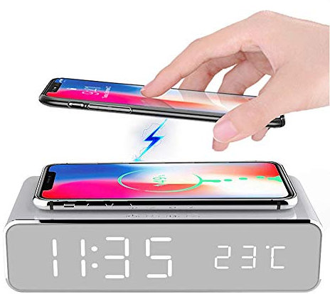 Digital Alarm Clock with Wireless Phone Charger 2 in 1 Bedside Alarm Clock Wireless Charger with Temperature Super Fast Wireless Charger Station USB Rechargeable Non Ticking Mains Powered