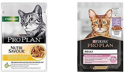 PURINA PRO PLAN STERILISED NUTRISAVOUR Katzenfutter nass für kastrierte Katzen, mit Huhn, 26er Pack & PURINA PRO PLAN Delicate NUTRISAVOUR Katzenfutter nass mit Truthahn, 26er Pack