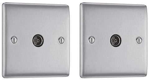 BG Electrical NBS60-01 Single Co-Axial Socket, Brushed Steel, 86mm x 86mm x 20mm (Pack of 2)