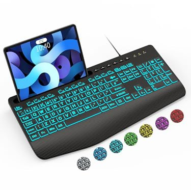 SABLUTE Wired Backlit Large Print Computer Keyboards, Lighted USB Keyboards with 7-Color Backlit, Wrist Rest, Phone Holder, Easy to Read and Type for Laptop, PC, Windows, Desktop