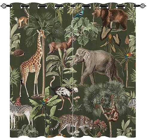 YUANZU Safari Wild Tier Vorhänge Bär Giraffe Dschungel Ösen Gardinen mit Blickdichte Vorhang Kälteschutz Blackout Curtain Kinderzimmer Schlafzimmer Verdunkelung Fenster, 2 Stück, H 160 x B 132 cm