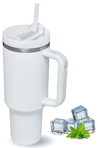 TUMBLERRY H2.0 - Gobelet avec paille et couvercle - Gobelet isotherme en acier inoxydable avec poignée - Tasse à café de voyage pour boissons chaudes et froides (blanc)