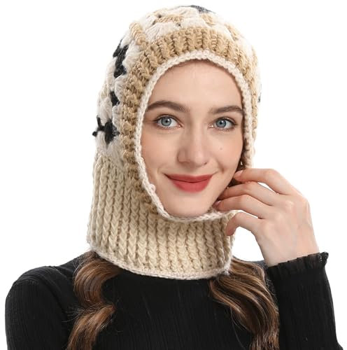 ZLYC Damen Winter Sturmhauben Stricken Winddicht Beanie Mütze Kapuzenschal(Gehäkeltes Beige)