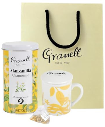 Granell Cafés 1940 Coffret cadeau camomille | Pot avec 25 infusions digestives de camomille en fleur en pyramide + tasse avec couvercle et filtre en acier inoxydable