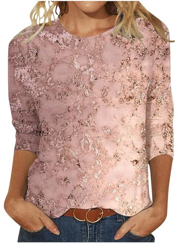 Tunika Damen Glitzer Oberteile T-Shirt 3/4 Arm Lässig Bluse Tops Elegant Pailletten Tee Tops Basic Rundhals Langarmshirt Leicht Baumwolle Longshirt Vintage Neuartige Drucke Sportshirt