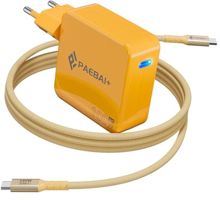 PAEBAI+ 100W USB C Caricatore PD GaN Alimentatore per MacBook Pro, MacBook Air, Google Pixelbook, ThinkPad, Dell XPS, iPad Pro, Samsung Galaxy S24/S23, iPhone 16 15 Pro (Giallo)
