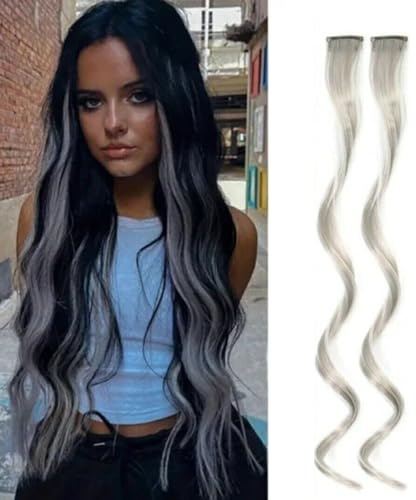 2 x Clip-In Hair Extension Highlights Streaks, Colourful Hair Highlights (Curly Silver x 2)