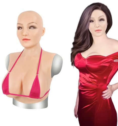 JYACANS Realistic Silicone Female Mask with Breast Forms D/E Cup Breastplate Fake Boobs for Crossdresser (02,Silicone E cup)