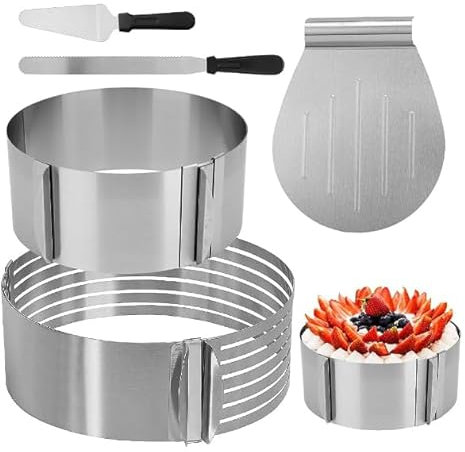 LDXDRU Tortenzubehör Edelstahl Set 5er Torten Zubehör Tortenboden 24-30cm Tortenring Verstellbar, Streichmesser, Kuchenform Torten Schneidehilfe Heber, Konditormesser, Backring Hoch, Silber