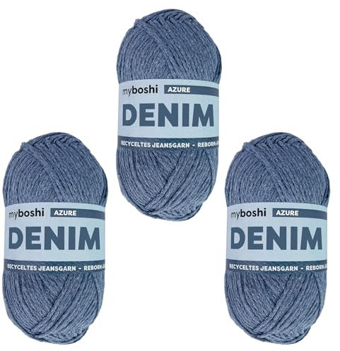 myboshi Denim, veganes Jeansgarn, recycelte Baumwolle zum Häkeln und Stricken, 50% recyceltes Denim, 50% Baumwolle (Bio), 50g, Ll 135m Blau (Azure) 3 Knäuel