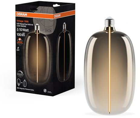 Osram Vintage 1906 Big Elipse Oval ist eine dimmbare LED-Lampe mit Filament in Ellipsenform. Sie bietet 4.8 W für 100 lm, E27 Fassung, Smoke Design, 145 mm Durchmesser, Farbwiedergabe CRI 80, 1800 K.