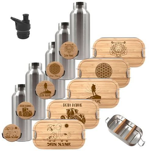 Brotdose und Trinkflasche personalisiert, Brotdose Kinder personalisiert, Trinkflasche personalisiert, Lunchbox Trinkflasche mit Namen, Pausen - Set (Flasche 500 ml, Lunchbox Edelstahl 700 ml)