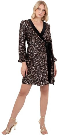 Lovedrobe Women's Mini Dress Ladies Wrap Long Sleeves V-Neckline Sequin Tinsel Embellished Velvet Tie Party Cocktail Evening, Schwarz 42