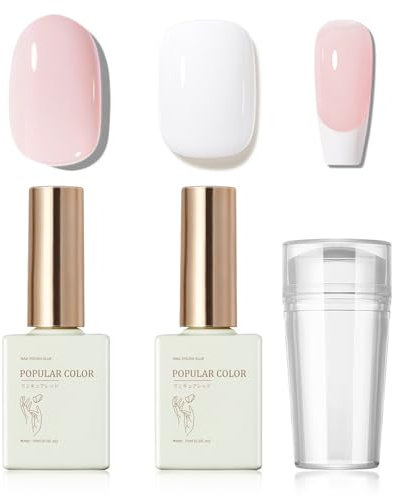 French Manicure Kit With Gel Nail Polish Set, Pink & White Colors, Nail Stamp, Jelly Pink Soak Off UV/LED for French Tips, Nail Art DIY
