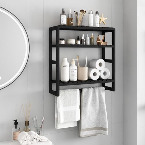 Bamworld Rangement Salle de Bain Étagères douche Noir Ajustables à 3 Niveaux - Étagère Murale Flottante au-dessus des Toilettes avec support salle de bain.