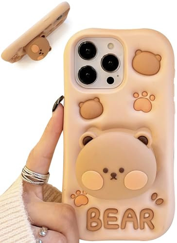 TUFTA Kawaii 3D Teddy Bear Phone Case for iPhone 13 (with Stand and Grip) Cute Girly Cartoon Animal Phone Cover for Girls, Boys, Kids, Teens, and Women, Tan