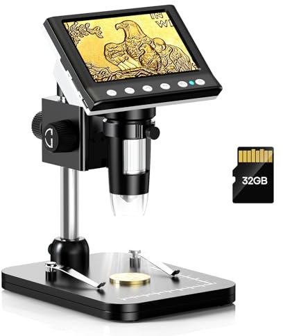 Digital Mikroskop, 4,3 Zoll LCD Mikroskope, 50X-1000X Auflösung, 1080P USB Mikroskope mit 8 Einstellbaren LED Licht, 32GBTF-Karte, Mikroskop für Kinder, Erwachsene, Kompatibel mit MacOS Windows
