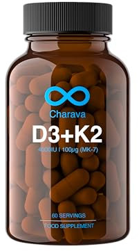 Charava Vitamin D3 + K2 Capsules (Vegan) - Vitamin D3 4000IU & 100μg Vitamin K2 (MK 7) - 60 Vegetarian Capsules - High Strength D3 and K2 Vitamin Tablets for Bones, Muscle Function & Immune System