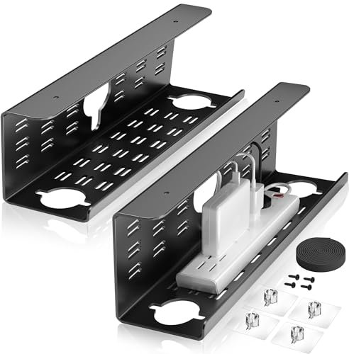 Cinati Kabelmanagement unter dem Schreibtisch 2er Set, 40 cm, Kabelmanagement unter dem Schreibtisch, ohne Bohren, schwarzer Kabel-Organizer für Schreibtisch, Klebeband- und Schraubenmontage